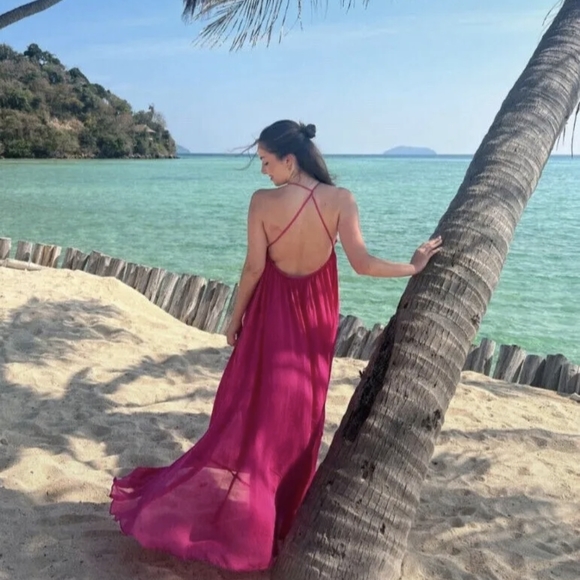 ZARA sz XS LIMITED Fuchsia Pink Voluminous Chiffon Maxi Cutout Open Back Dress - Picture 8 of 16